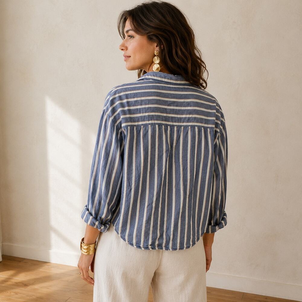 Sigrid Olsen Linen Cotton Stripe Shirt XL Oversized Cropped Coastal Boho - Picture 3 of 11